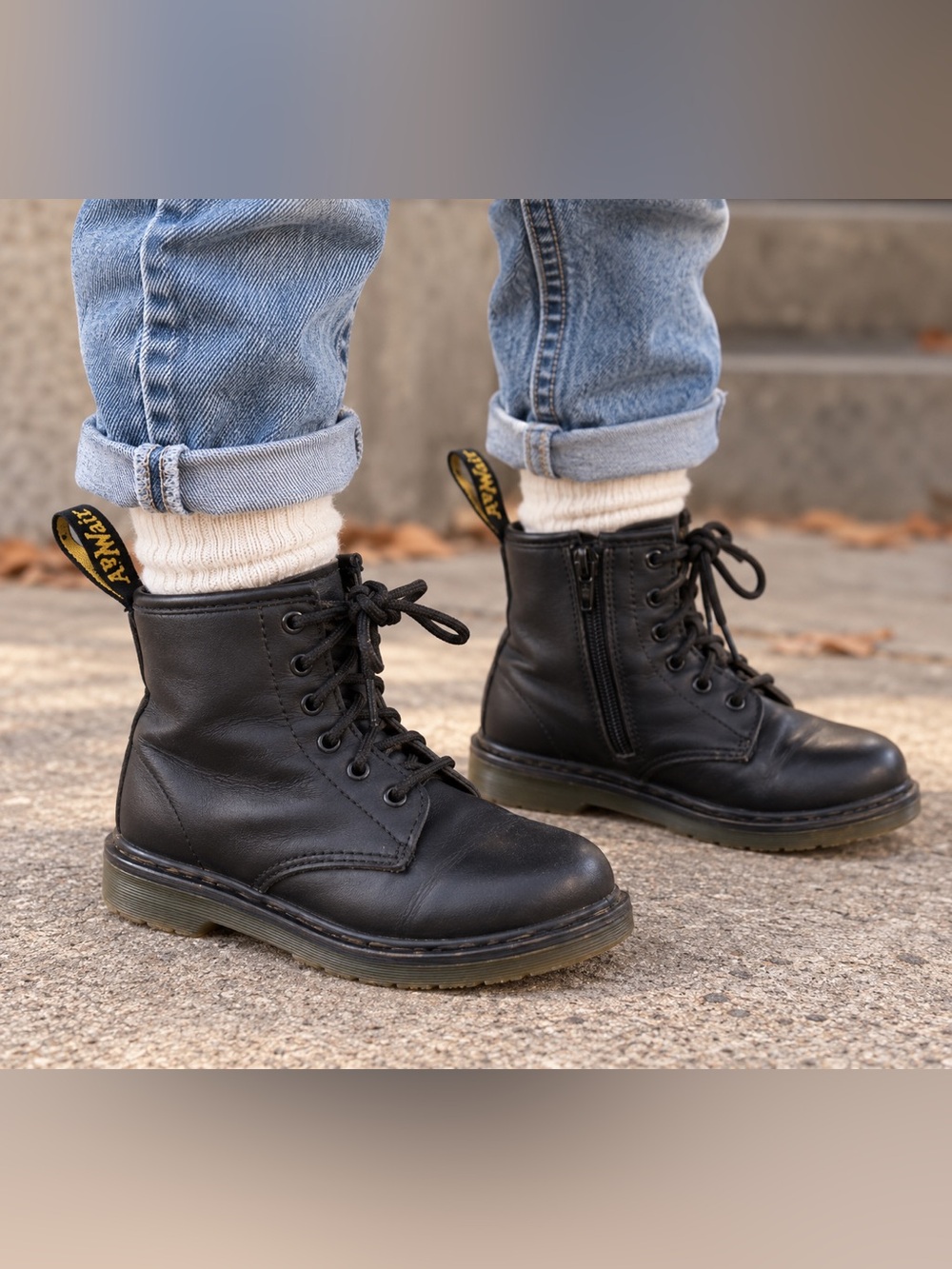 Dr. Martens 101 Kids Lace Up Boot Black Leather wiYellow Heel Youth 3